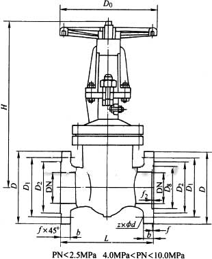 DKZ41H、DKZ41Y型手動鋼制真空閘閥PN10~PN100外形結(jié)構(gòu)尺寸圖