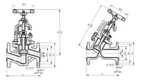 J41F46型襯氟手動法蘭截止閥PN10~PN25外形結構尺寸圖