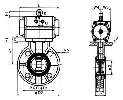 D671F氣動塑料蝶閥PN10~PN16外形結(jié)構(gòu)尺寸圖