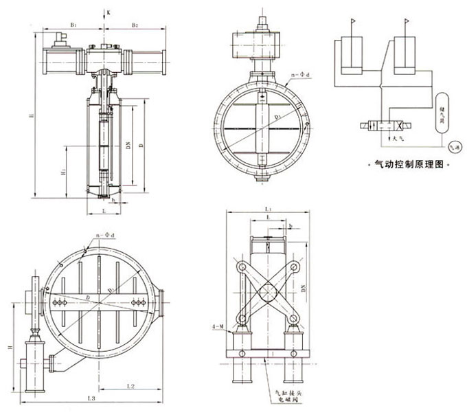 KD647X-1型氣動快速煤氣切斷蝶閥外形結構尺寸圖