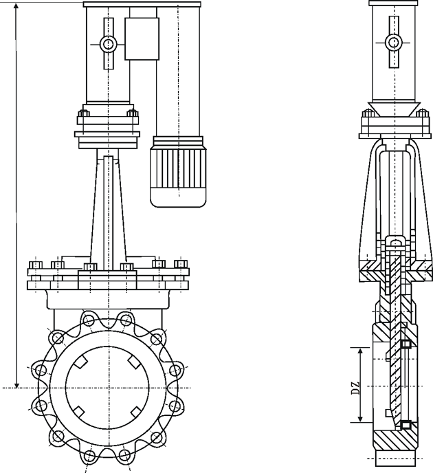 PZ273X、PZ273F、PZ273H、PZ273Y電液動明桿刀型閘閥(電液刀閘閥)外形結構尺寸圖