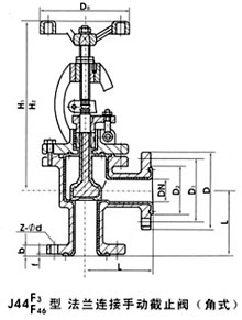 J44F46-16C手動角式襯氟截止閥主要外形和連接尺寸圖