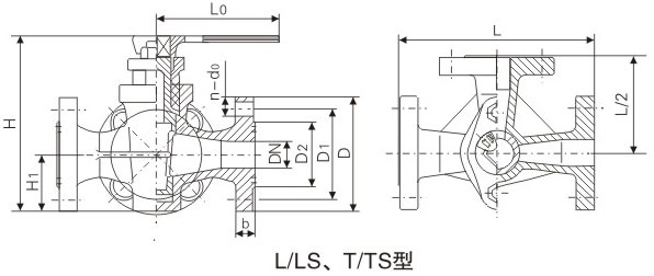 L型、T型船用法蘭鑄鐵填料三通旋塞閥基本尺寸