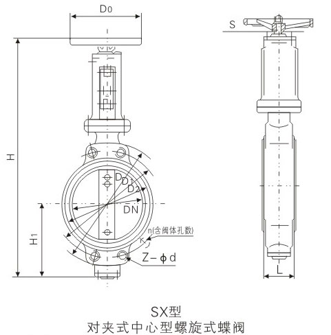 SX對(duì)夾式中心型螺旋式船用青銅蝶閥基本尺寸
