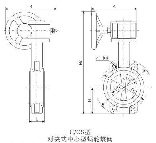 C/CS型蝸輪對夾式中線船用青銅蝶閥基本尺寸