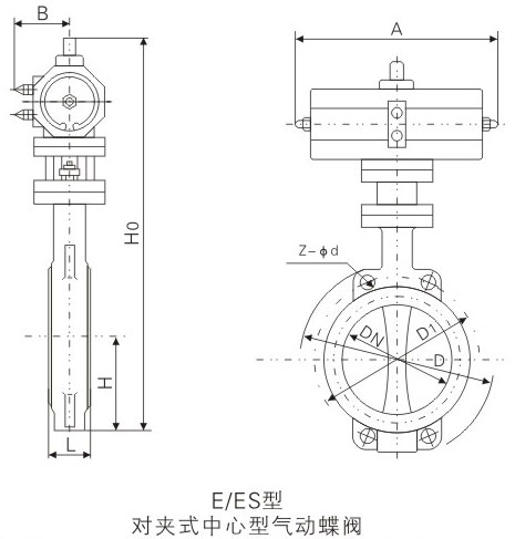E/ES型氣動(dòng)對(duì)夾式中線鑄鐵蝶閥基本尺寸