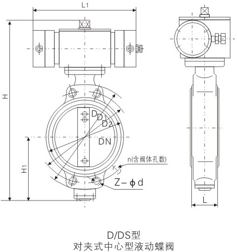 D/DS型液動(dòng)對(duì)夾式中線碳鋼蝶閥基本尺寸圖