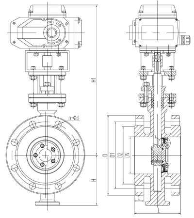 D943H法蘭式硬密封三偏心電動(dòng)蝶閥主要外形尺寸圖
