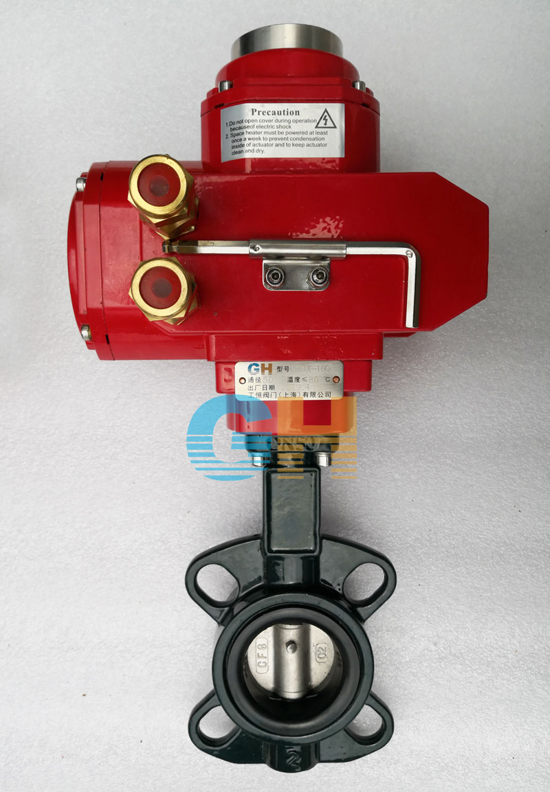 DN50軟密封對夾式電動蝶閥-配精小型防爆電動執(zhí)行器實物圖二